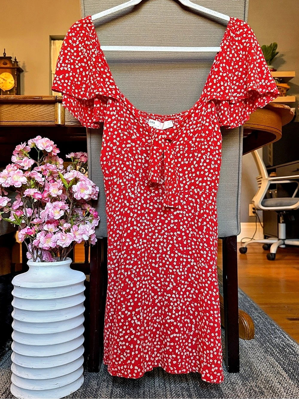 Zara Red Floral Tie-Front Mini Dress Red & White Medium